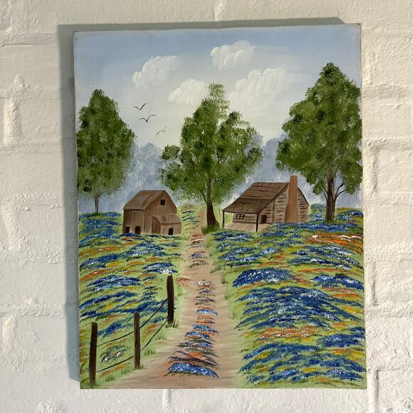 Vintage Farmhouse Landscape Painting | Hand-Painted Countryside Scene - Picture 8 of 10